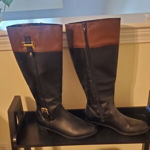 Stylish Black and Brown Riding Boots. Sz 8.5W Extended Calf. Worn Once